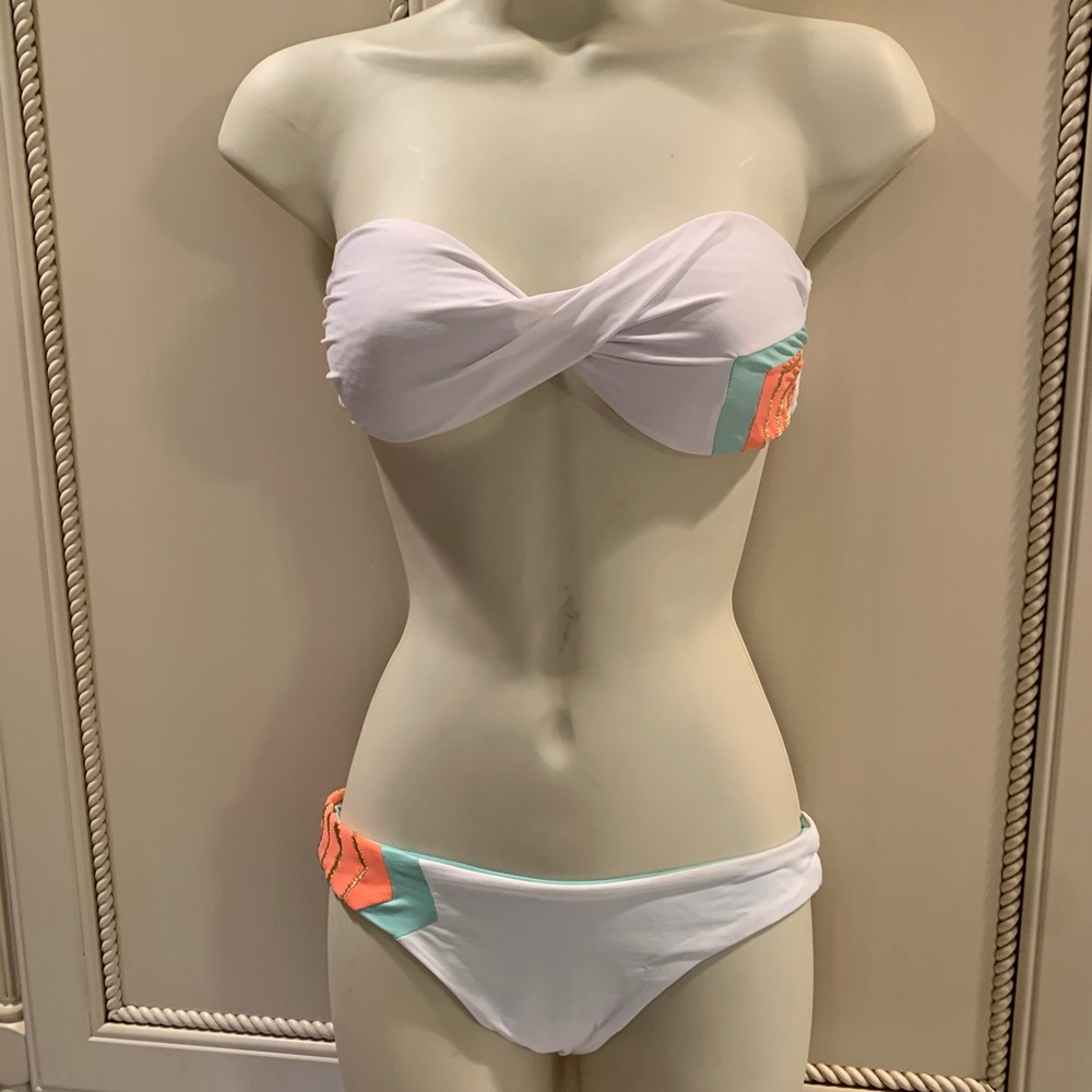 L*Space White &Coral Strapless Chevron Bikini XS S